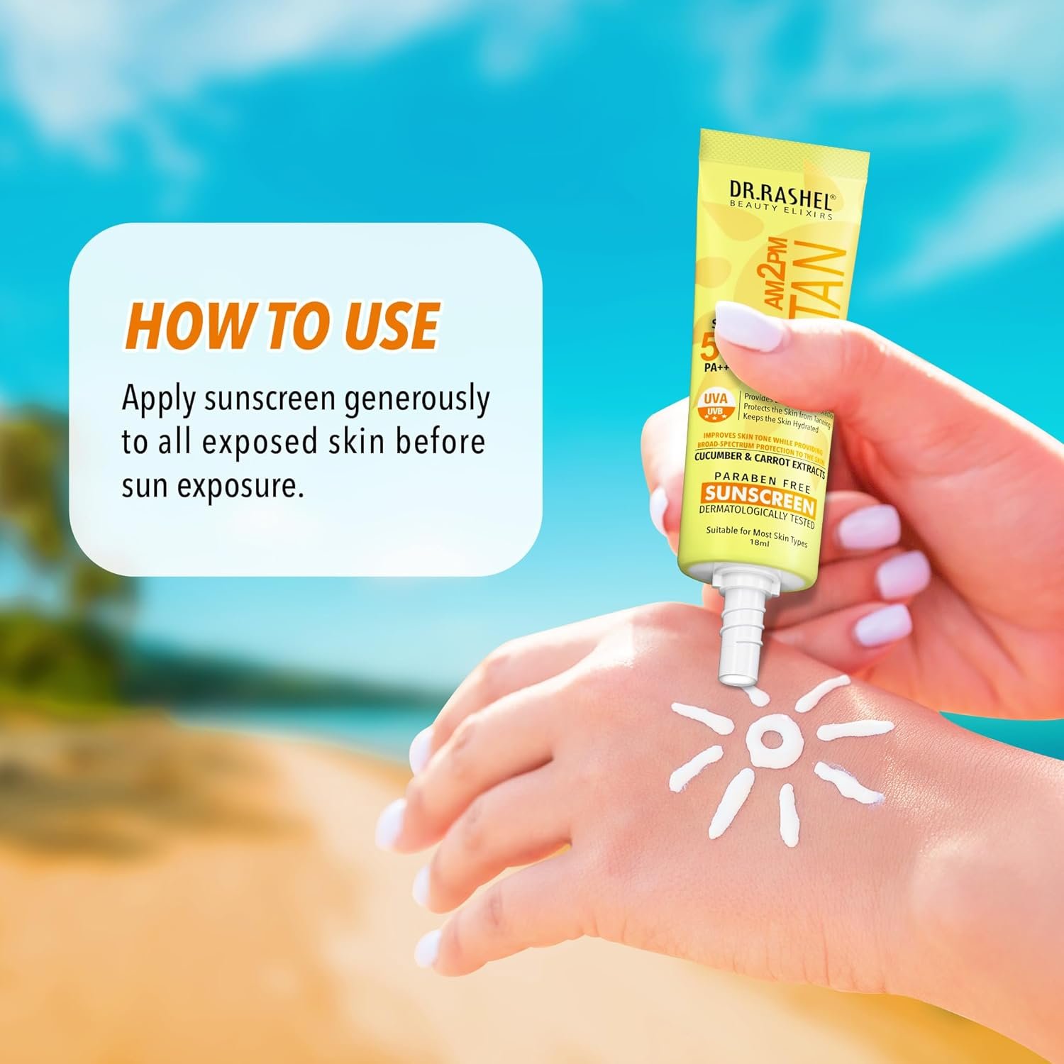 DR.RASHEL DE-TAN SUNSCREEN SPF 50 PA+++ SKIN HYDRATING, PROVIDES LONG-LASTING PROTECTION WITH CUCUMBER & CARROT EXTRACT, Paraben free, All skin Type, 18ml - Image 3