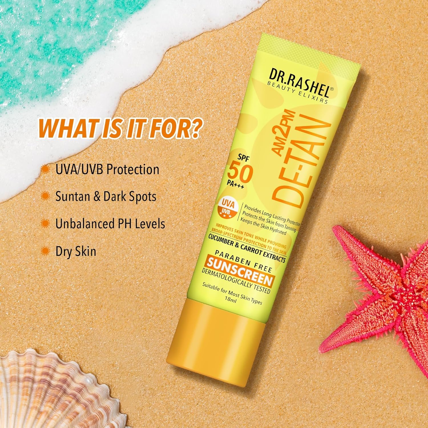DR.RASHEL DE-TAN SUNSCREEN SPF 50 PA+++ SKIN HYDRATING, PROVIDES LONG-LASTING PROTECTION WITH CUCUMBER & CARROT EXTRACT, Paraben free, All skin Type, 18ml - Image 2